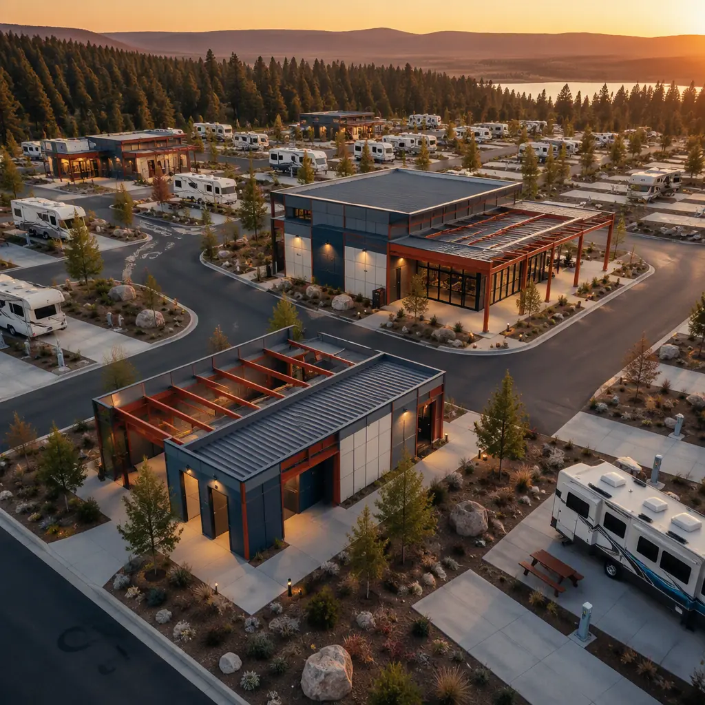 Modular RV park with prefabricated bathhouse and camp store buildings, RV sites with utility hookups in foreground, crane lifting steel-frame module into position, clean geometric lines, module seams visible, dark navy structural steel with warm steel orange accents, no people, no text