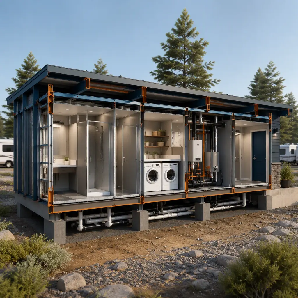Photorealistic 3D cross-section render of modular RV park bathhouse building, steel frame with factory-installed plumbing walls, shower stalls, laundry machines and mechanical room, clean engineering visualization, module seams visible, no text, no labels
