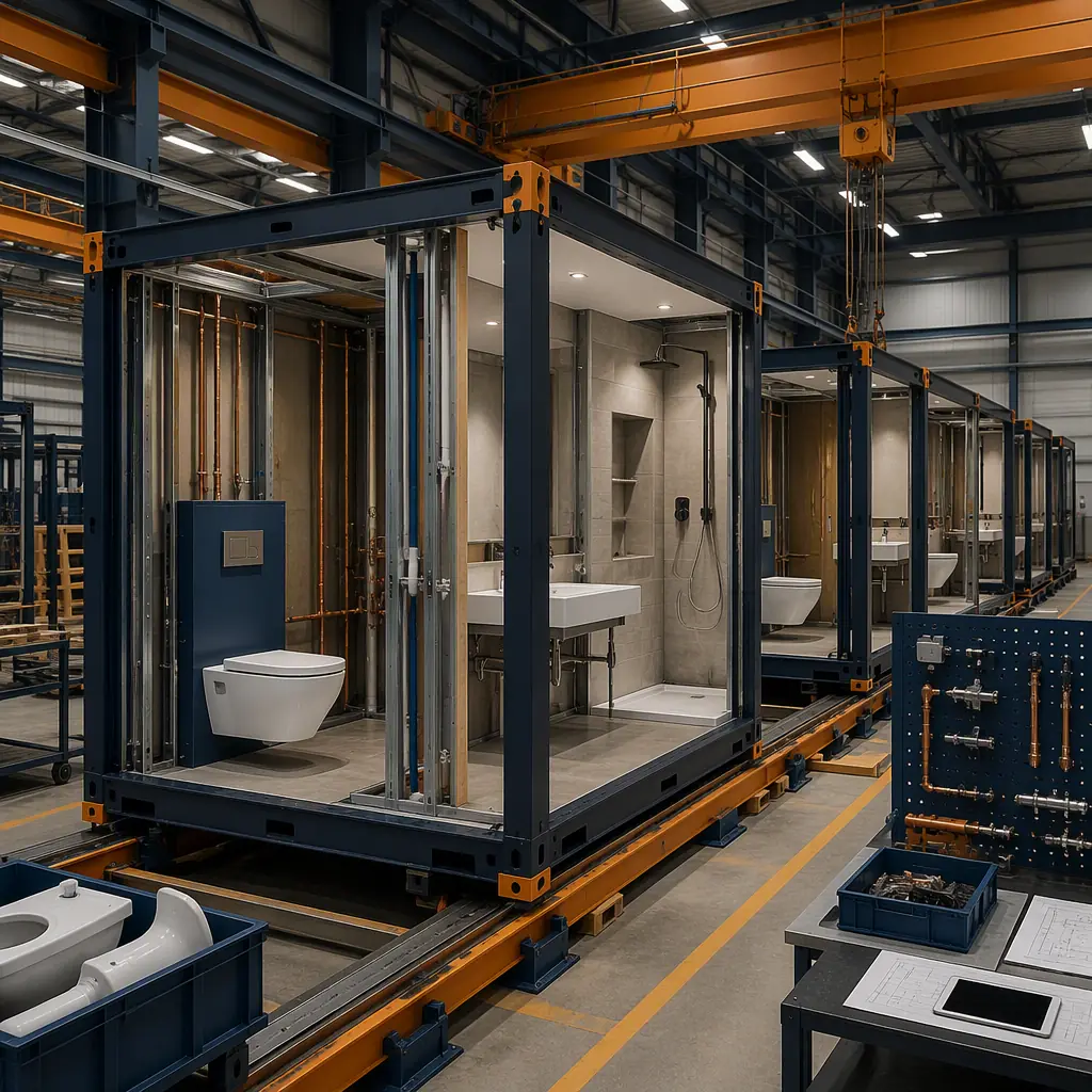 Factory floor of modular prefabricated construction facility, steel-frame bathroom module under assembly with plumbing walls and fixtures being installed, assembly line with modules in production, overhead crane, dark navy and warm steel orange accents, no people faces