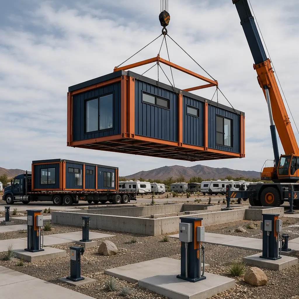 Crane lifting prefabricated steel-frame module onto concrete foundation at RV park construction site, modules arriving on flatbed truck, module seams visible, campground sites with utility pedestals in background, factory-assembled modules, dark navy and warm steel orange accents, no people faces