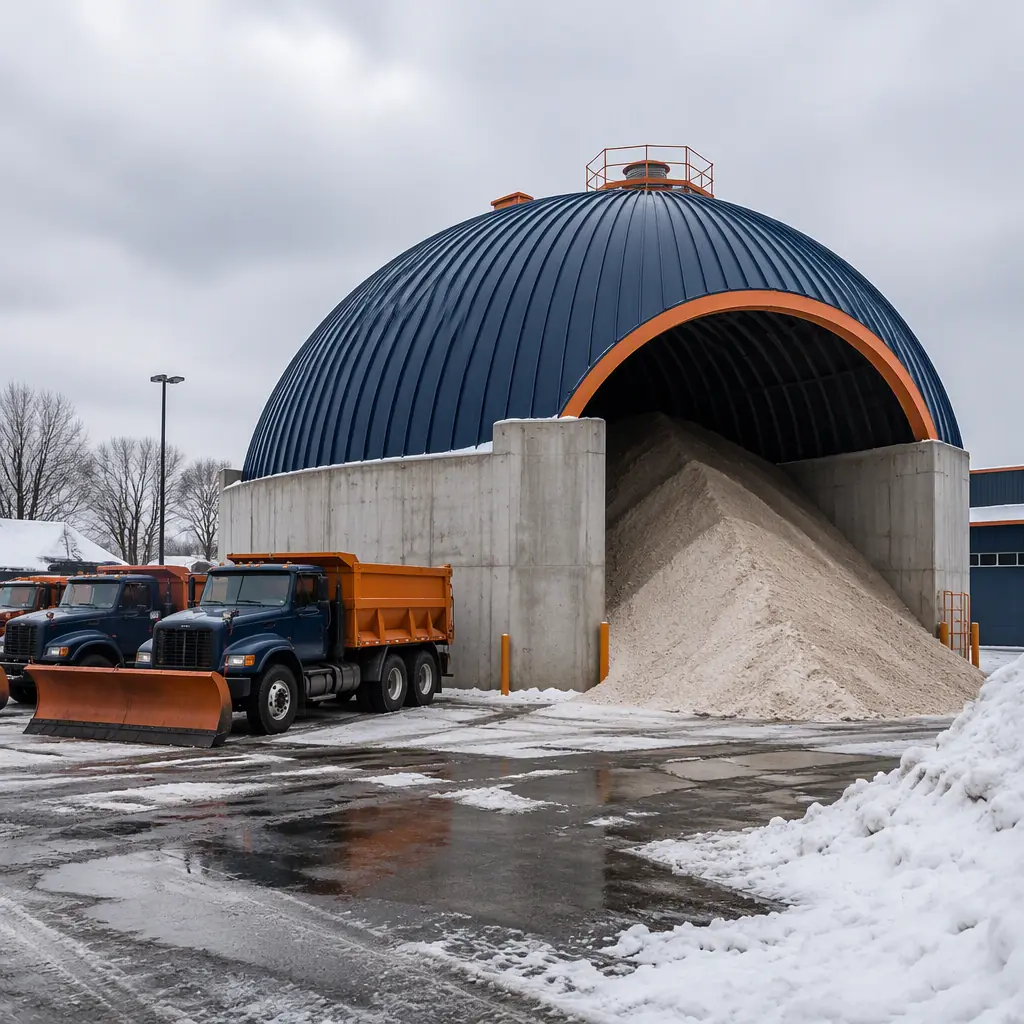 Modular salt storage building with steel dome and reinforced concrete containment walls at municipal maintenance yard, plow trucks parked beside structure, winter setting with snow on ground, dark navy structural steel with warm steel orange accents, no people, no text