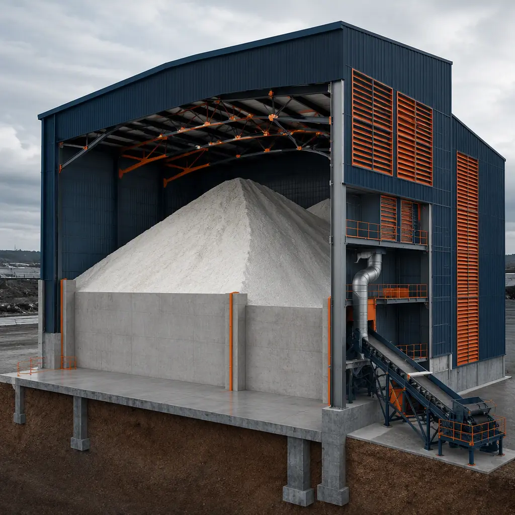 Photorealistic 3D cross-section render of modular salt storage building, steel frame structure showing salt pile with engineered containment walls, ventilation system, conveyor load-out equipment and vehicle access, clean engineering visualization, no text, no labels