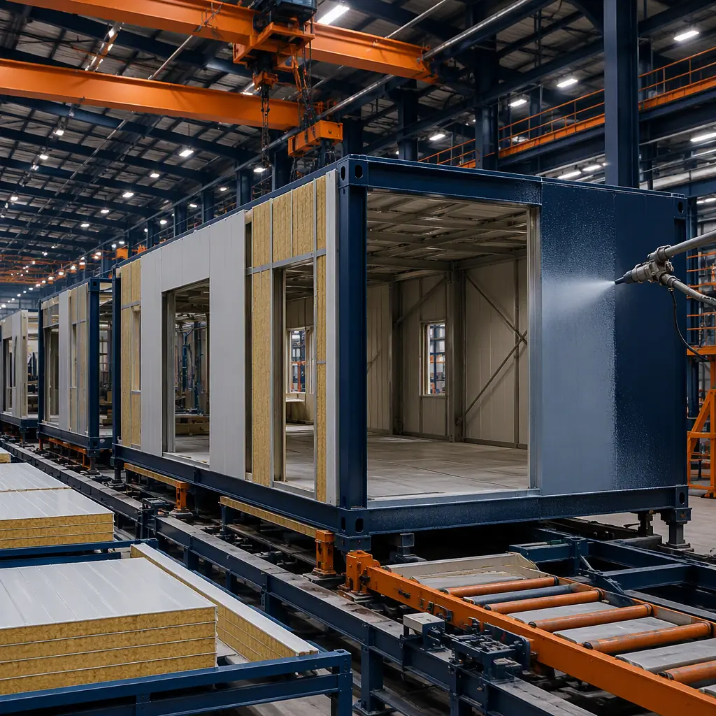 Factory floor of modular prefabricated industrial construction facility, steel-frame building module under assembly with insulated wall panels and corrosion-resistant coating being applied, overhead crane, assembly line, dark navy and warm steel orange accents, no people faces