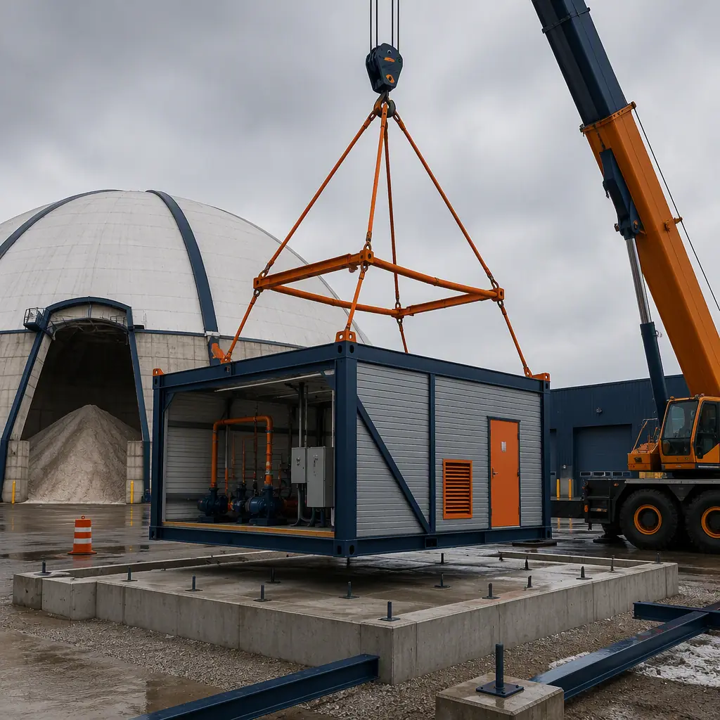 Crane lifting prefabricated steel-frame industrial module onto concrete pad at municipal maintenance facility construction site, salt storage dome in background, module seams visible, dark navy structural steel with warm steel orange accents, no people faces