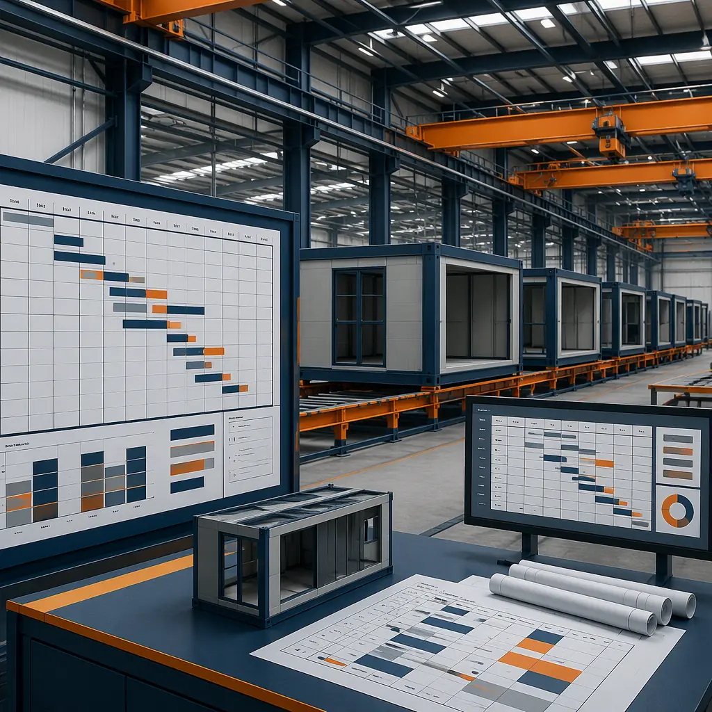 Modular construction scheduling, Gantt-style project planning on a factory floor with steel-frame building modules in production line background, timeline board and production schedule in foreground, clean geometric industrial architecture, dark navy structural steel with warm steel orange accents, no people, no text