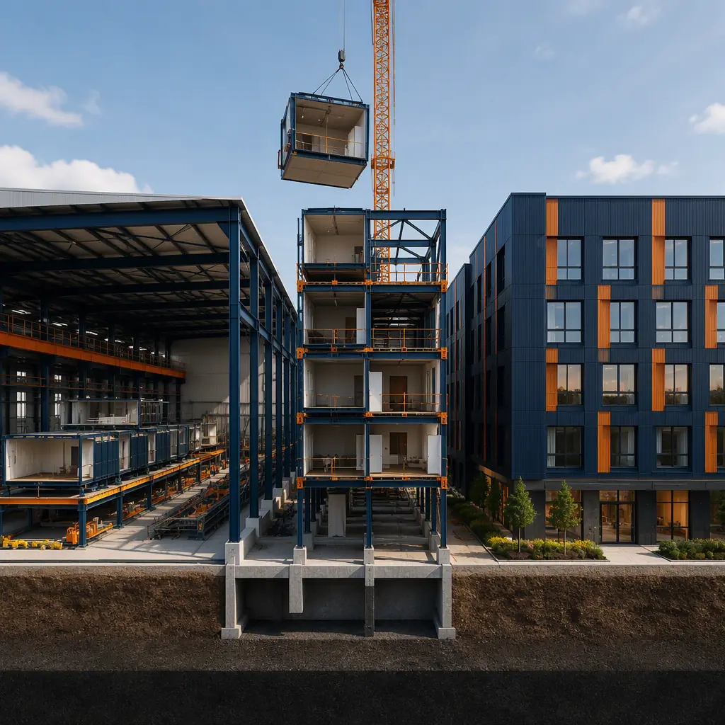Photorealistic 3D cross-section render of modular construction schedule visualization, stacked steel-frame building modules at different production and installation stages, factory building on one side and completed building on the other, clean engineering visualization, no text, no labels