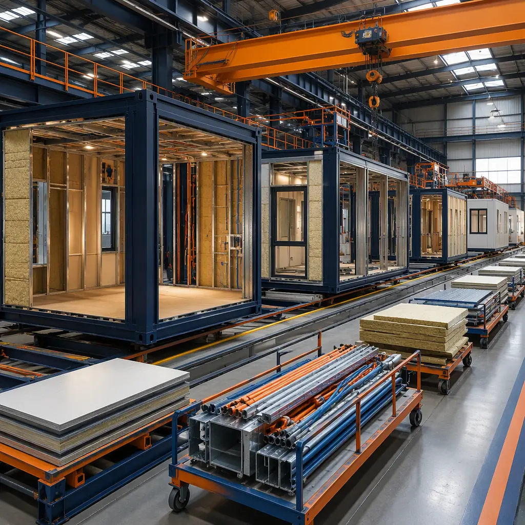 Factory floor of modular prefabricated construction facility, steel-frame modules at different production stages along assembly line, overhead crane, insulated panels and MEP systems being installed, production schedule visible in background, dark navy and warm steel orange accents, no people faces