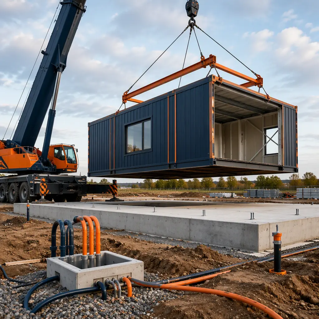 Crane lifting steel-frame modular building module onto prepared foundation while site crew prepares utilities, factory-finished module with visible seams, construction site with concrete foundation in foreground, dark navy structural steel with warm steel orange accents, no people faces