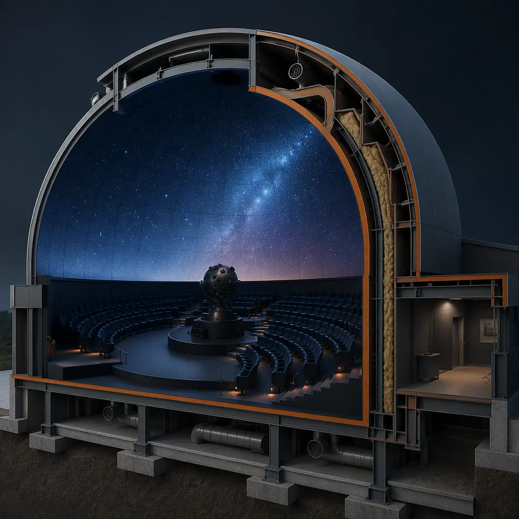 Photorealistic 3D cross-section render of modular planetarium dome, showing precision-formed dome panels, acoustic isolation layer, projection system, raked seating, HVAC ducting with low-velocity diffusers, clean engineering visualization, no text, no labels