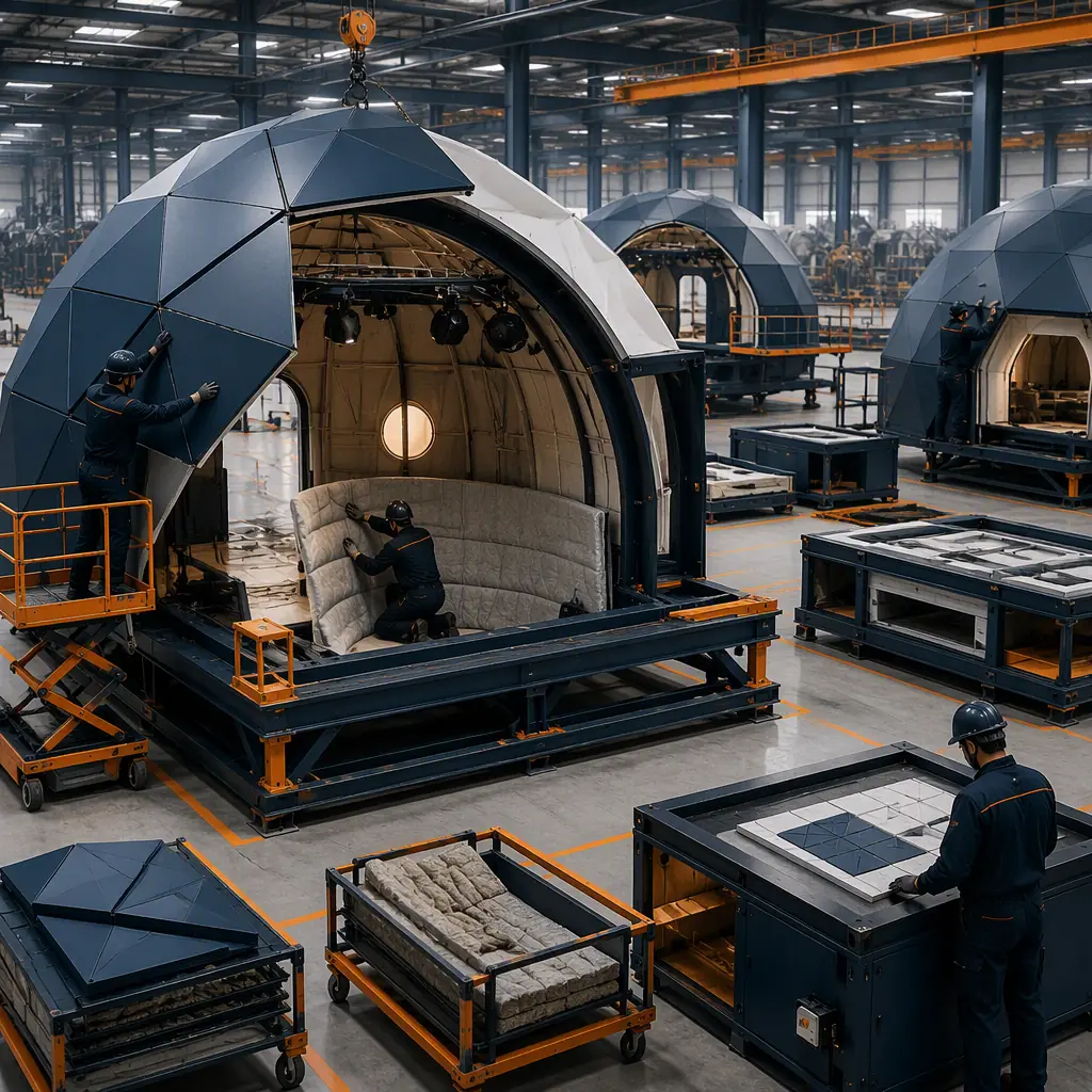 Factory floor of modular prefabricated construction facility, precision-formed dome panels being assembled onto steel frame module, workers installing acoustic insulation and projection infrastructure (no faces), quality inspection station, dark navy and warm steel orange accents
