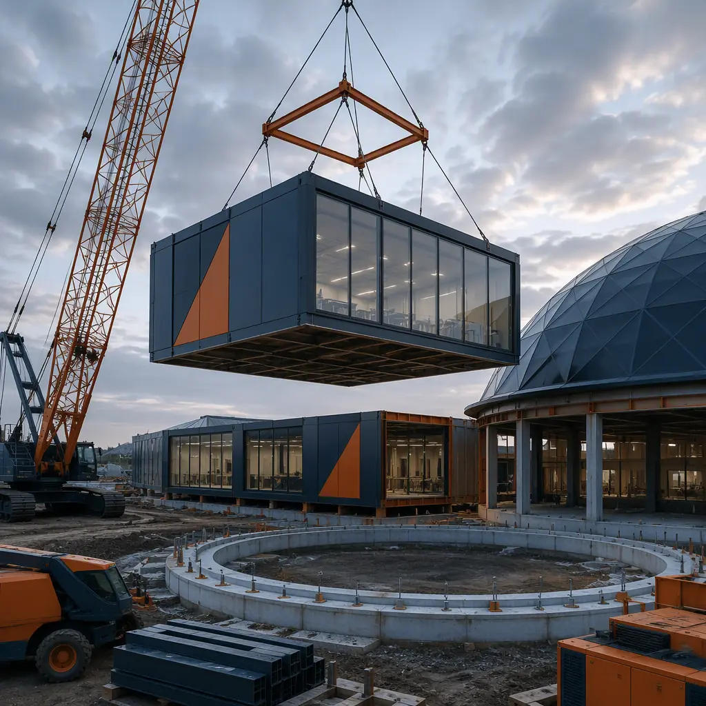 Crane lifting large prefabricated steel-frame clear-span module onto science center construction site, module with glazed facade being positioned beside dome theater foundation ring, module seams visible, no people faces, no text