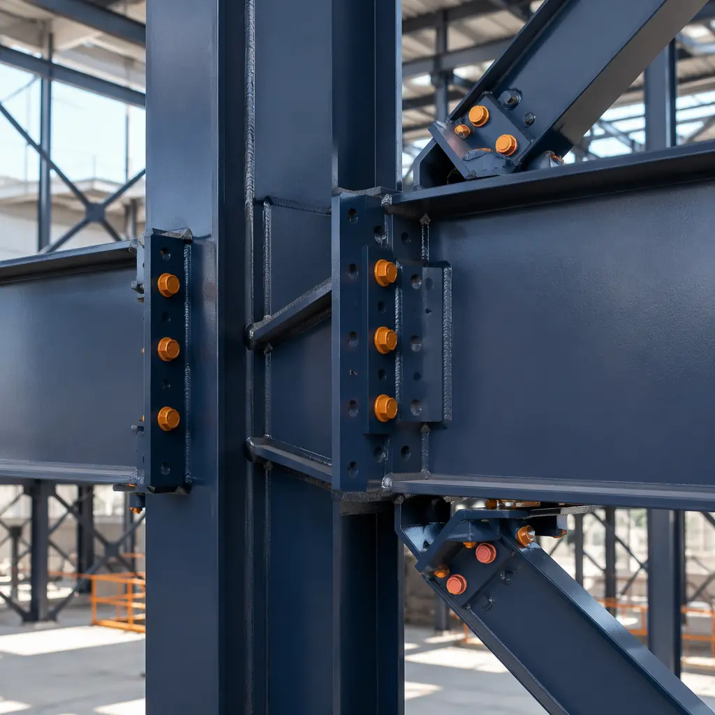 Photorealistic 3D cross-section render of modular building steel moment frame connection, ductile steel beam-to-column joint with stiffener plates and full-penetration weld visible, structural steel painted in dark navy, warm steel orange high-strength bolts at connection points, seismic bracing elements visible in background, factory-quality weld bead detail, engineering precision emphasized