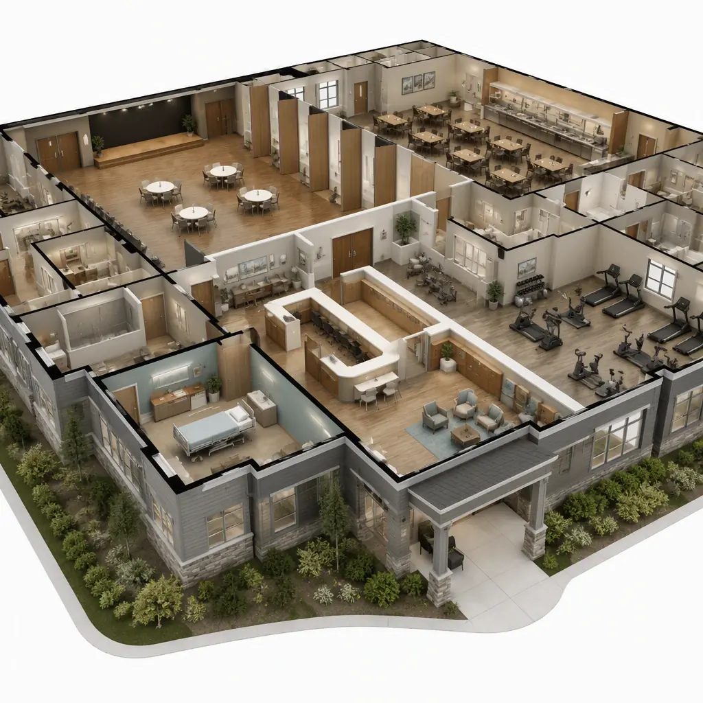 Photorealistic 3D cross-section render of modular senior center building, showing multipurpose hall with operable partition, dining room with serving line, wellness suite with exercise equipment, nursing station and reception desk, clean engineering visualization, no text, no labels