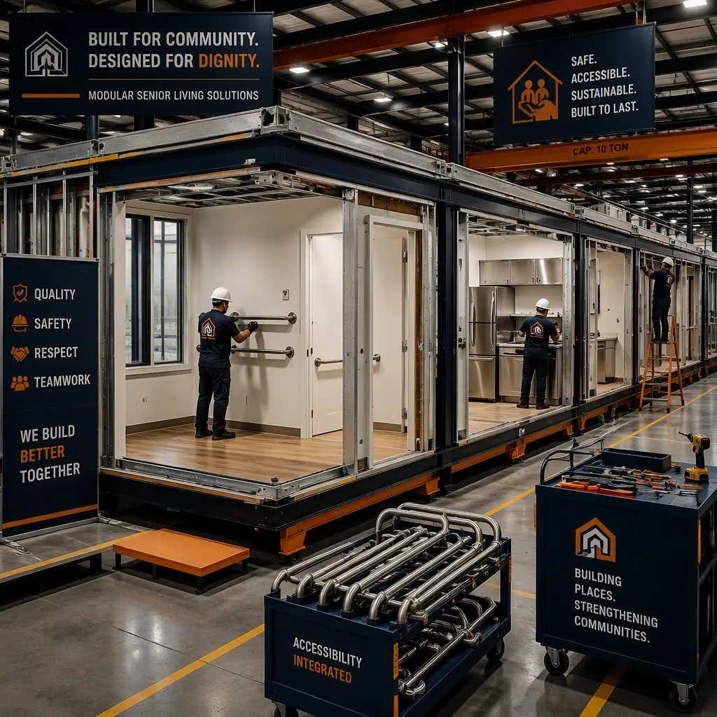 Factory floor of modular prefabricated construction facility, steel-frame senior center modules in production with accessible door frames and large window openings visible, workers installing grab-bar reinforcements and kitchen equipment (no faces), assembly line, dark navy and warm steel orange accents