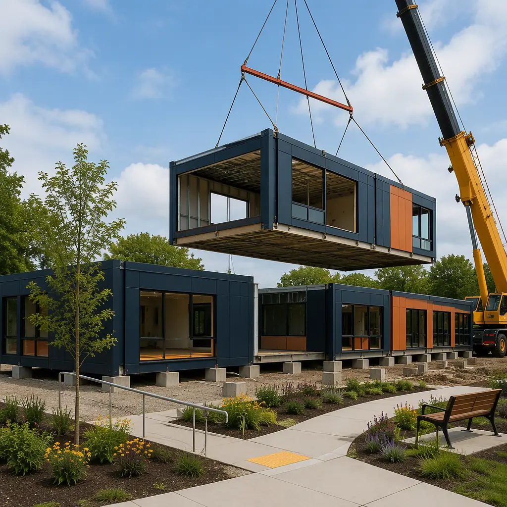 Crane lifting prefabricated steel-frame senior center module onto foundations at community site, single-story modules with large window openings being positioned, landscaped site with accessible walkways prepared, module seams visible, dark navy steel with warm orange accents, no people faces, no text