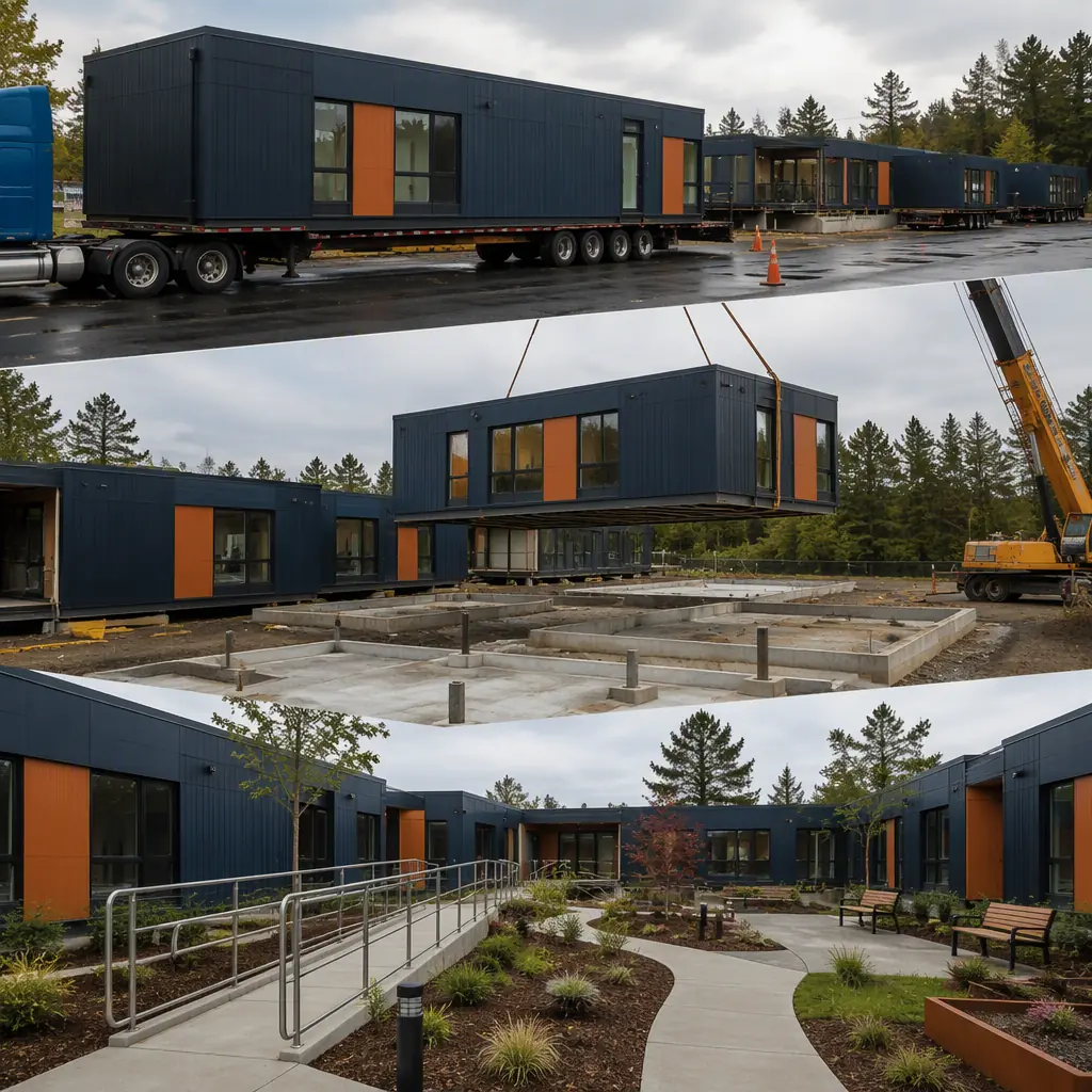 Prefabricated steel-frame senior center modules arriving on flatbed trucks at community site, crane positioning module over prepared foundations, accessible walkways and landscaped courtyard being completed, module seams visible, dark navy steel with warm orange accents, no people faces, no text, no logos
