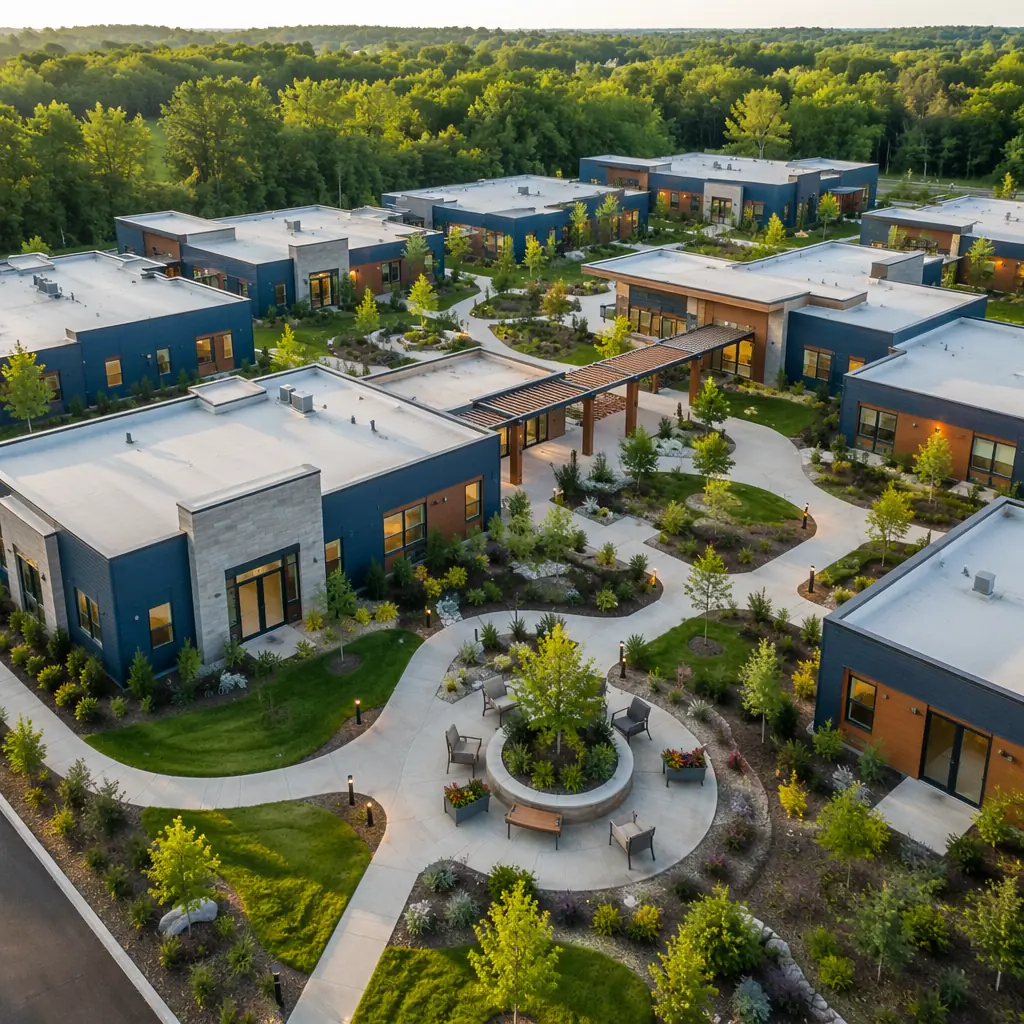 Modern modular senior living community exterior with landscaped courtyards and accessible walkways