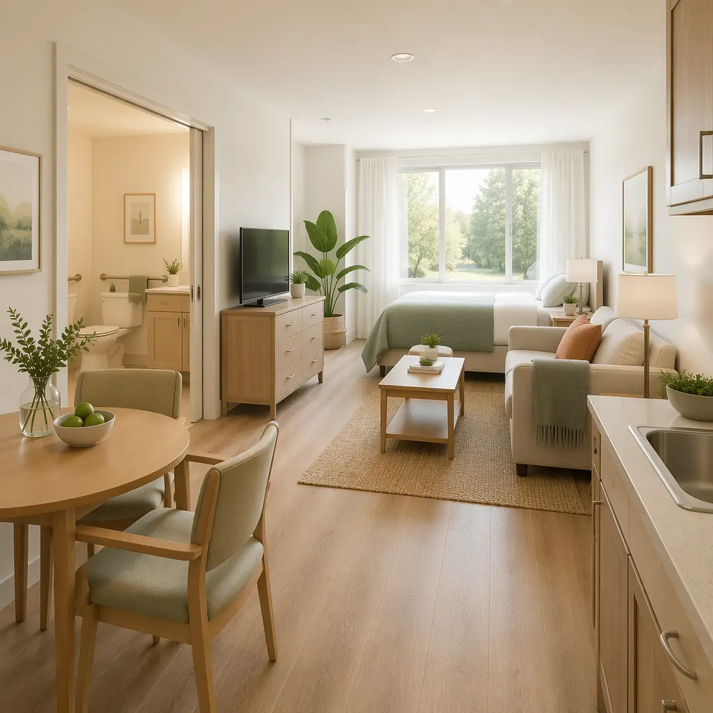 Bright, accessible senior living studio unit interior with wide doorways, natural light, and integrated emergency call panel