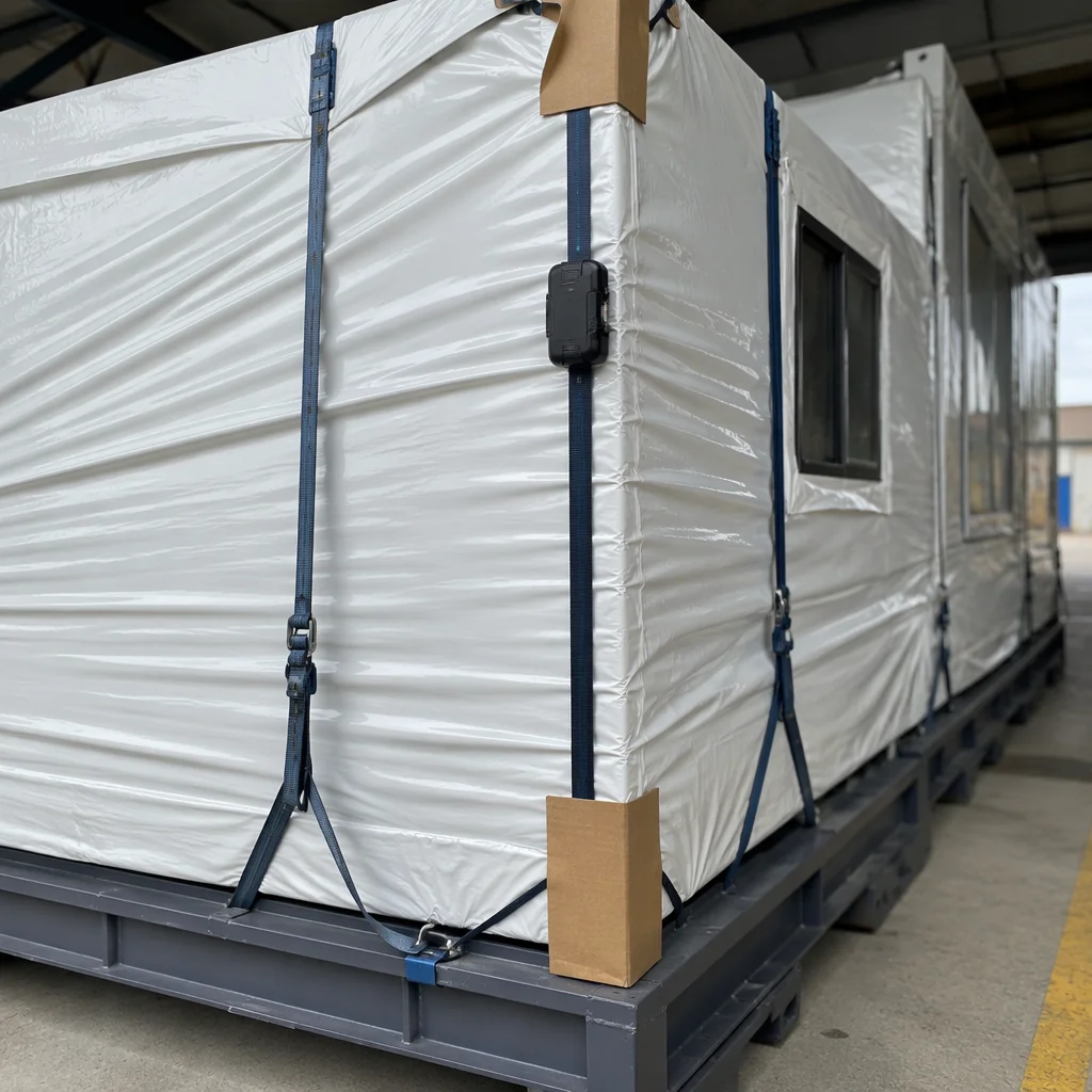 MODURA modules wrapped in weatherproof protective packaging secured on steel stillage frames ready for transport