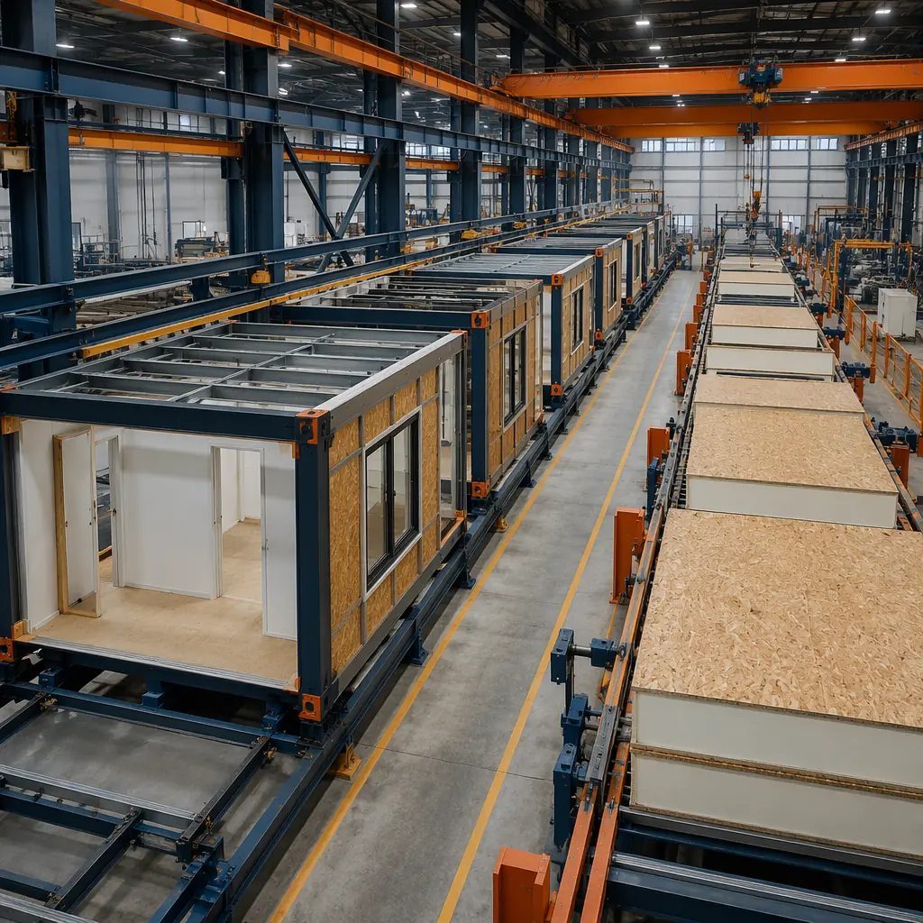 Factory assembly comparison showing volumetric modular units on one assembly line and SIP panels being fabricated on another, both in controlled factory environments, modular prefabricated construction, steel frame modules with finished interior visible alongside insulated panel production, dark navy and steel orange color accents, industrial manufacturing setting