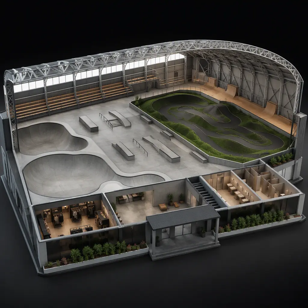 Photorealistic 3D cross-section render of modular skate park, showing clear-span steel enclosure covering engineered bowl with coping, street course with ledges and rails, pump track section, spectator mezzanine, restroom and pro shop modules at entrance, clean engineering visualization, no text, no labels