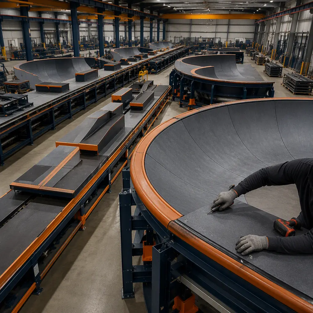 Factory floor of modular prefabricated construction facility, steel-frame bowl sections with engineered riding surface being fabricated, workers installing coping and surface panels (no faces), assembly line with street course ledge modules, dark navy and warm steel orange accents