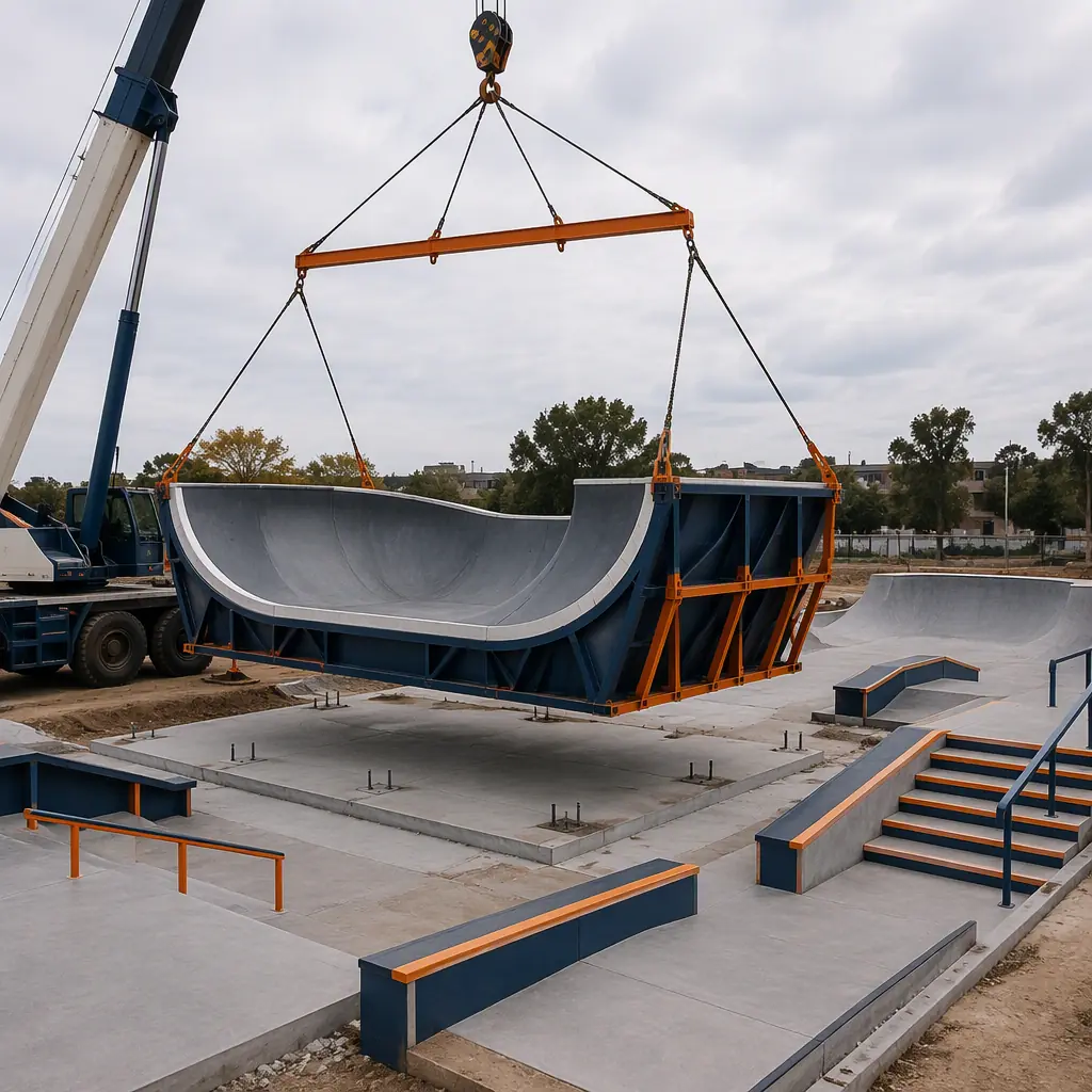 Crane lifting prefabricated steel-frame skate bowl module with engineered riding surface onto concrete pad at skate park construction site, module being positioned beside street course features, module seams visible, dark navy steel with warm orange accents, no people faces, no text