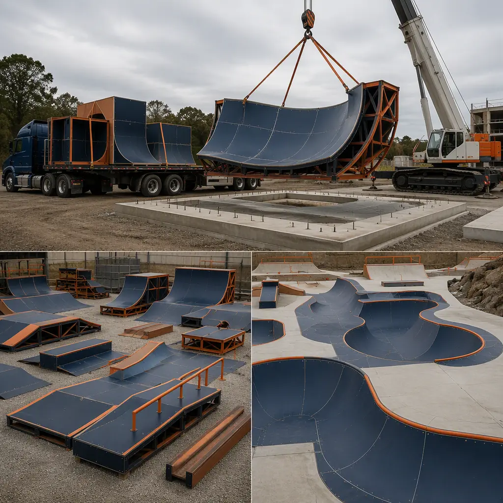 Prefabricated skate park modules arriving on flatbed trucks at construction site, crane lifting steel-frame bowl section onto concrete pad, street course features staged in laydown area, module seams visible, dark navy steel with warm orange accents, no people faces, no text, no logos