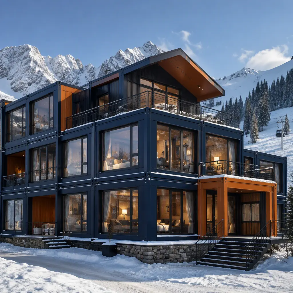 Modular ski lodge exterior at mountain resort, multi-story prefabricated steel-frame building with large windows facing ski slopes, snow on surrounding terrain, module seams visible, clean geometric alpine architecture, dark navy structural steel with warm steel orange accents, no text