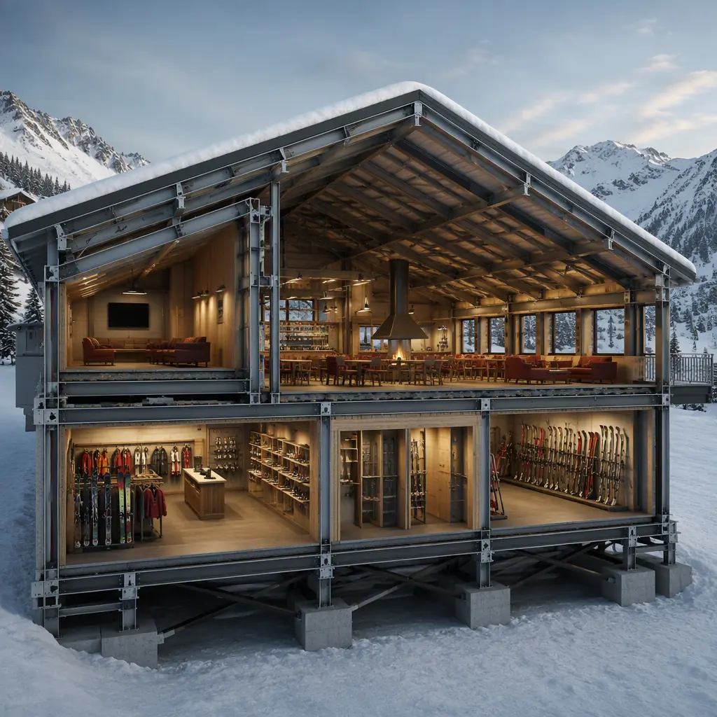 Photorealistic 3D cross-section render of modular ski lodge building, steel frame showing base lodge layout with rental shop, cafeteria, lounge and ski storage, heavy roof structure for snow load, warm interior lighting, clean engineering visualization, no text, no labels
