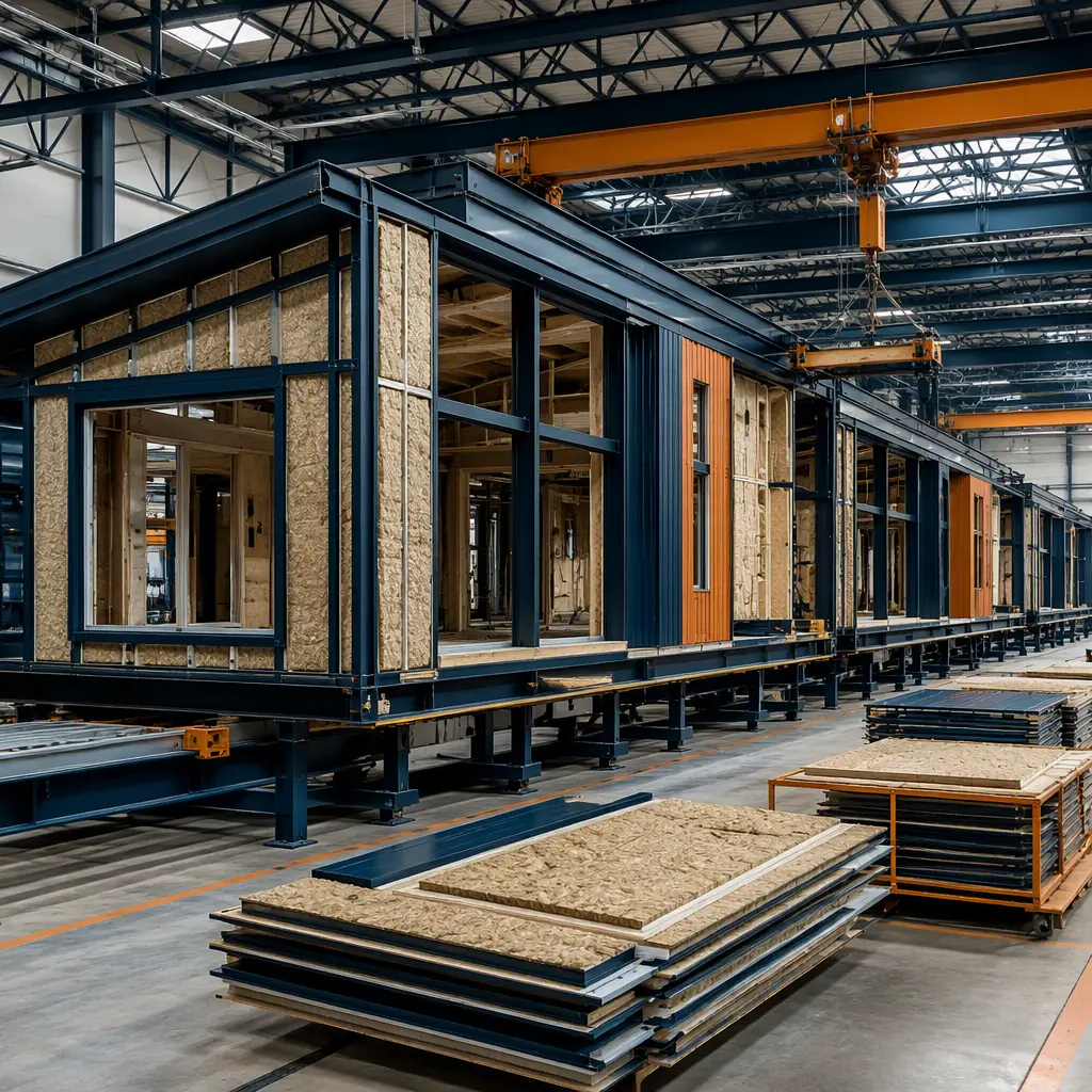 Factory floor of modular prefabricated construction facility, steel-framed ski lodge modules under assembly with high-R wall panels and large window openings, workers installing insulation (no faces), modules on assembly line, dark navy and warm steel orange accents