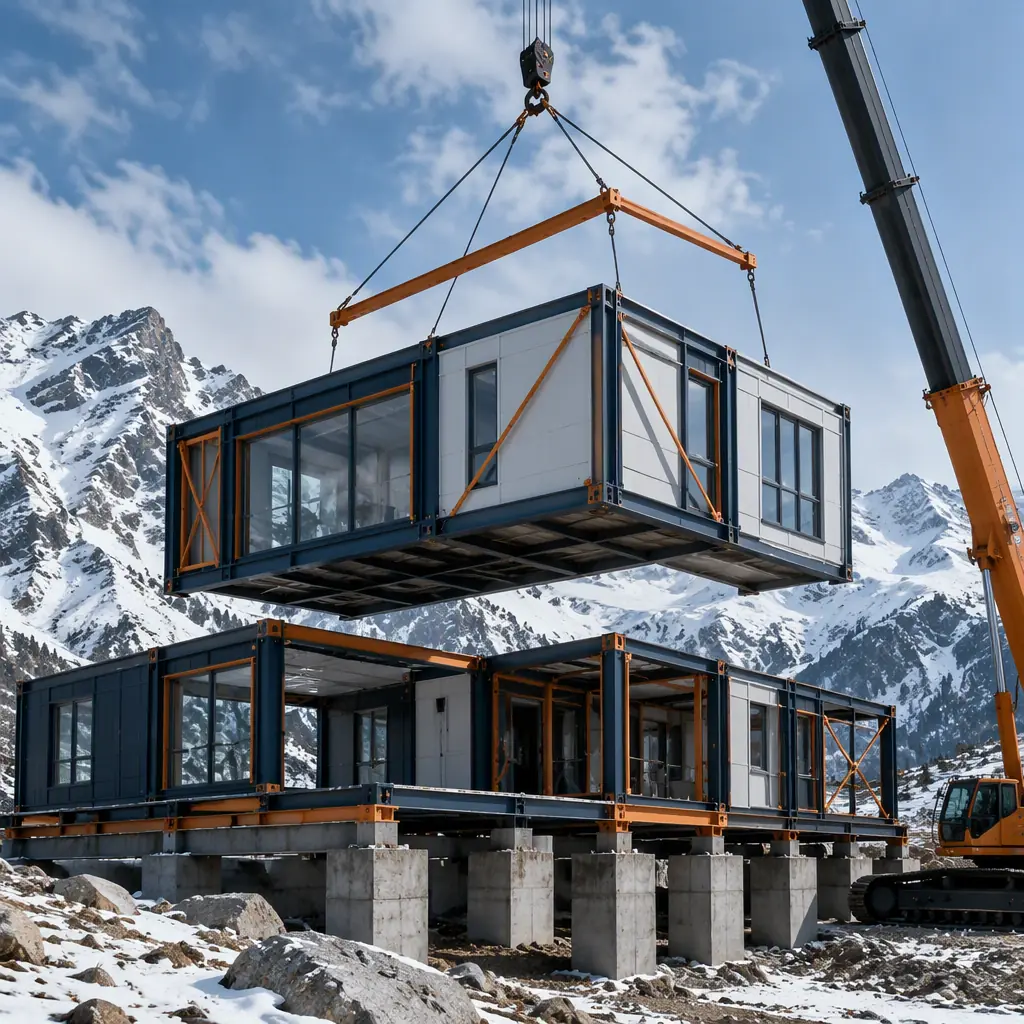 Crane lifting prefabricated steel-frame ski lodge module onto foundation at mountain construction site, snow-covered peaks in background, module being positioned on concrete piers, module seams visible, dark navy structural steel, no people