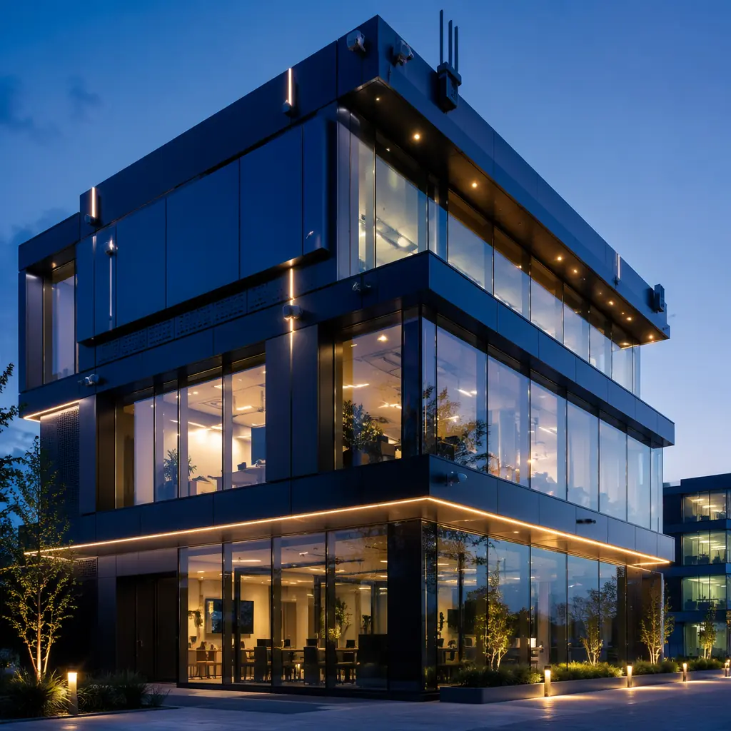 Modern modular building facade with subtle integrated sensor panels and LED status indicators, clean architectural lines, dusk lighting showing intelligent lighting system in operation, glass and steel exterior with visible technology integration, smart city aesthetic