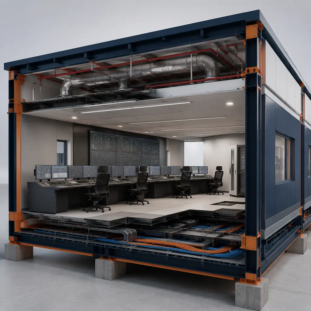 Photorealistic 3D cross-section render of modular nuclear plant control room building, showing operator console room with redundant workstations, simulator room, electrical and HVAC rooms, raised access floor, steel frame module structure, clean engineering visualization, no people, no text, no labels