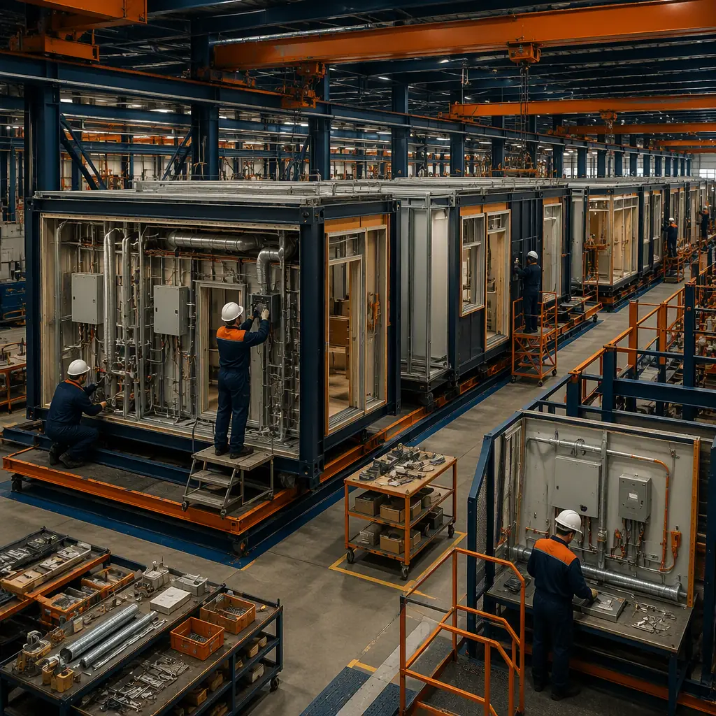 Factory floor of modular prefabricated construction facility, hardened control room module under production with steel frame and thick wall panels, workers installing redundant electrical and HVAC systems without visible faces, assembly line, quality inspection station, dark navy and warm steel orange accents, no text, no logos