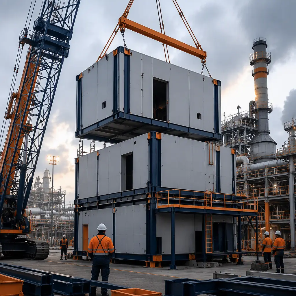Prefabricated steel-frame building modules being lifted by crane at large energy infrastructure construction site, hardened control building modules with thick wall panels, module seams visible, reactor containment structure in far background, work crews without visible faces, photorealistic construction photography, dark navy and warm steel orange accents, no text, no logos