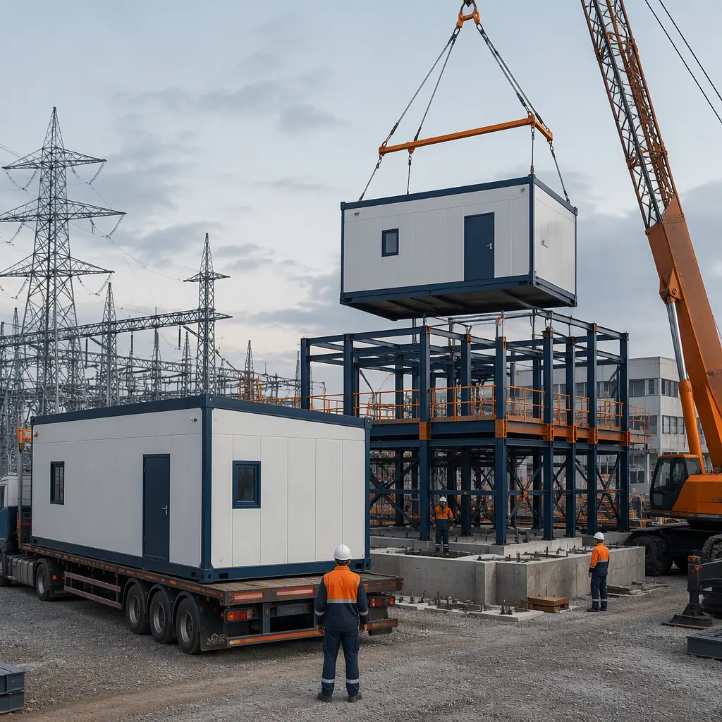 Crane lifting prefabricated building module onto foundation at large energy infrastructure construction site, module being positioned by crane near reactor containment structure in background, modules arriving on flatbed truck, steel frame visible, work crews without visible faces, photorealistic construction photography, dark navy and warm steel orange accents, no text, no logos