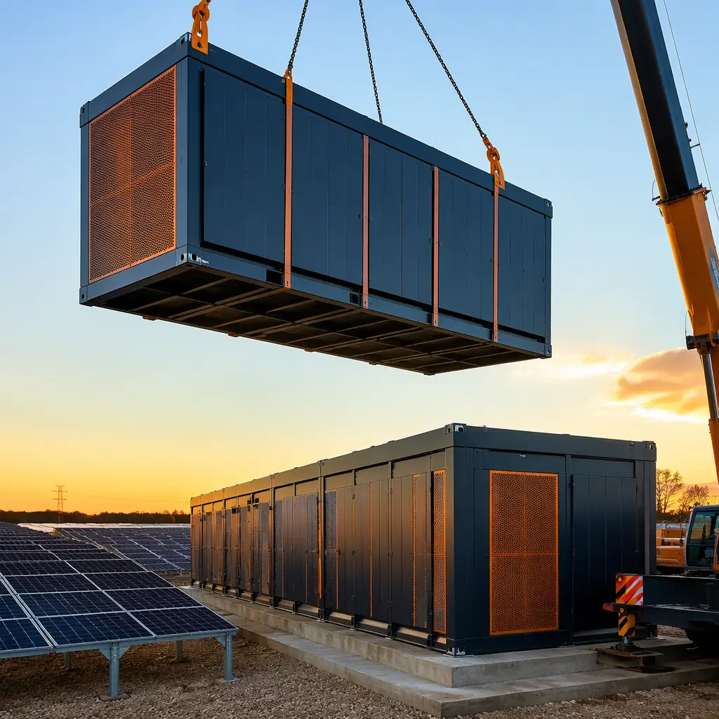 Utility-scale solar farm with modular prefabricated BESS enclosure units arranged in rows, steel frame enclosures housing battery racks with thermal management HVAC units visible on exterior, solar panel arrays in background stretching to horizon, inverter station enclosures between panel rows, modern renewable energy infrastructure aesthetic with dark navy structural elements and warm steel orange conduit details, clean industrial energy installation