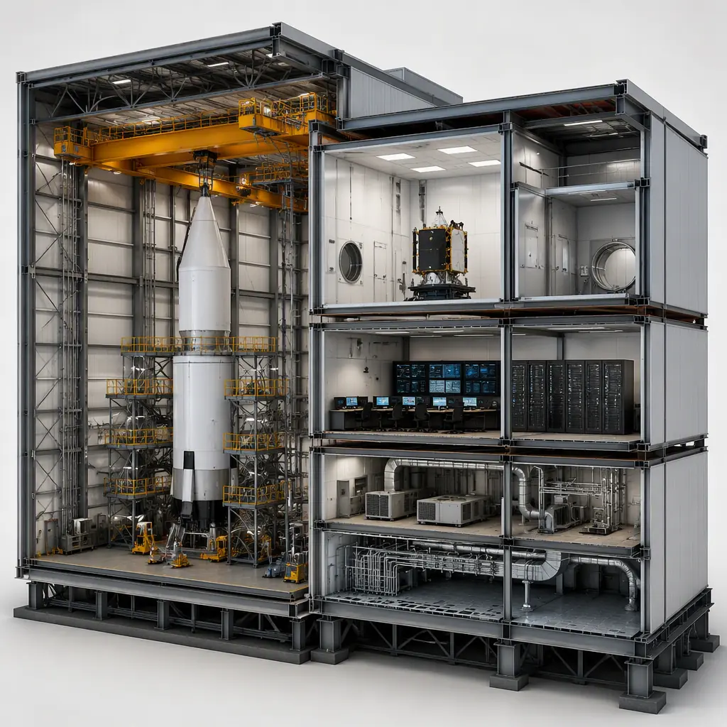 Photorealistic 3D cross-section render of modular rocket integration facility, showing high-bay assembly hall with overhead crane, cleanroom payload processing room with airlock, mission control room with server racks, HVAC and raised access floor systems, steel frame module structure visible, clean engineering visualization, no people, no text, no labels
