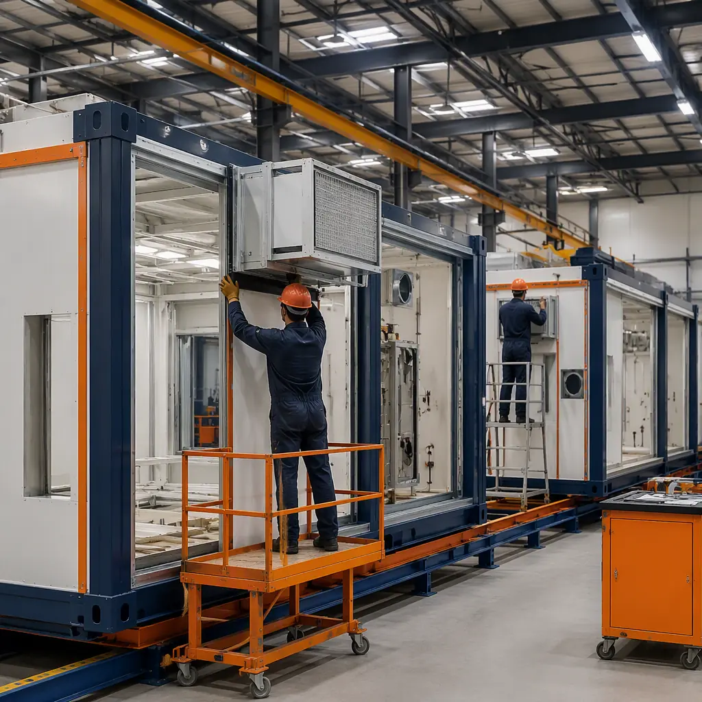 Factory floor of modular prefabricated construction facility, cleanroom-class building modules in production with steel frames and white wall panels, workers installing air filtration systems without visible faces, assembly line, dark navy and warm steel orange accents, no text, no logos