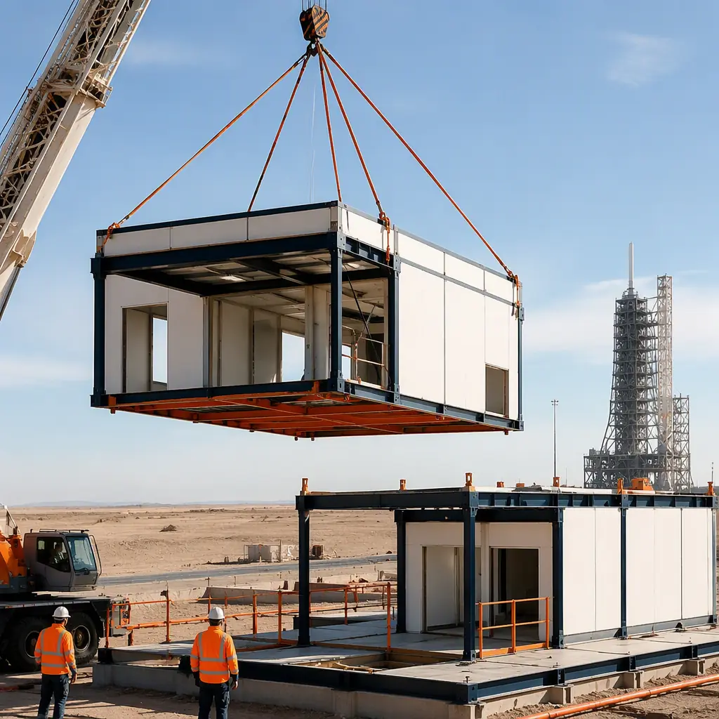 Crane lifting prefabricated steel-frame building module at remote desert launch site construction, module with white cladding being placed onto foundation, launch structure in background distance, module seams visible, work crews without visible faces, dark navy and warm steel orange accents, photorealistic construction photography, no text, no logos