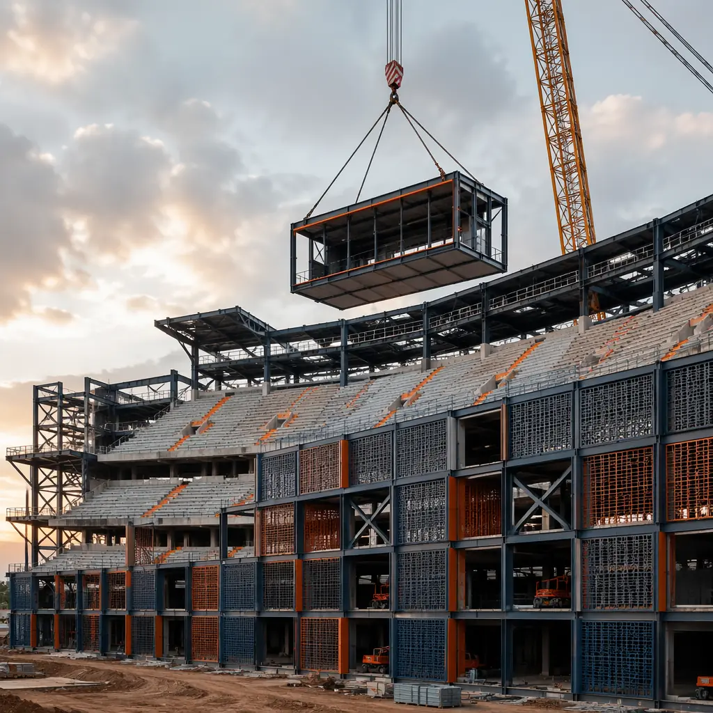 Modern modular sports stadium under construction, prefabricated seating modules with repeating grid pattern facade, crane lifting steel-framed concourse module into position, clean geometric lines of factory-assembled venue structure, module seams visible on seating tiers, dark navy structural steel with warm steel orange accent details, stadium bowl taking shape