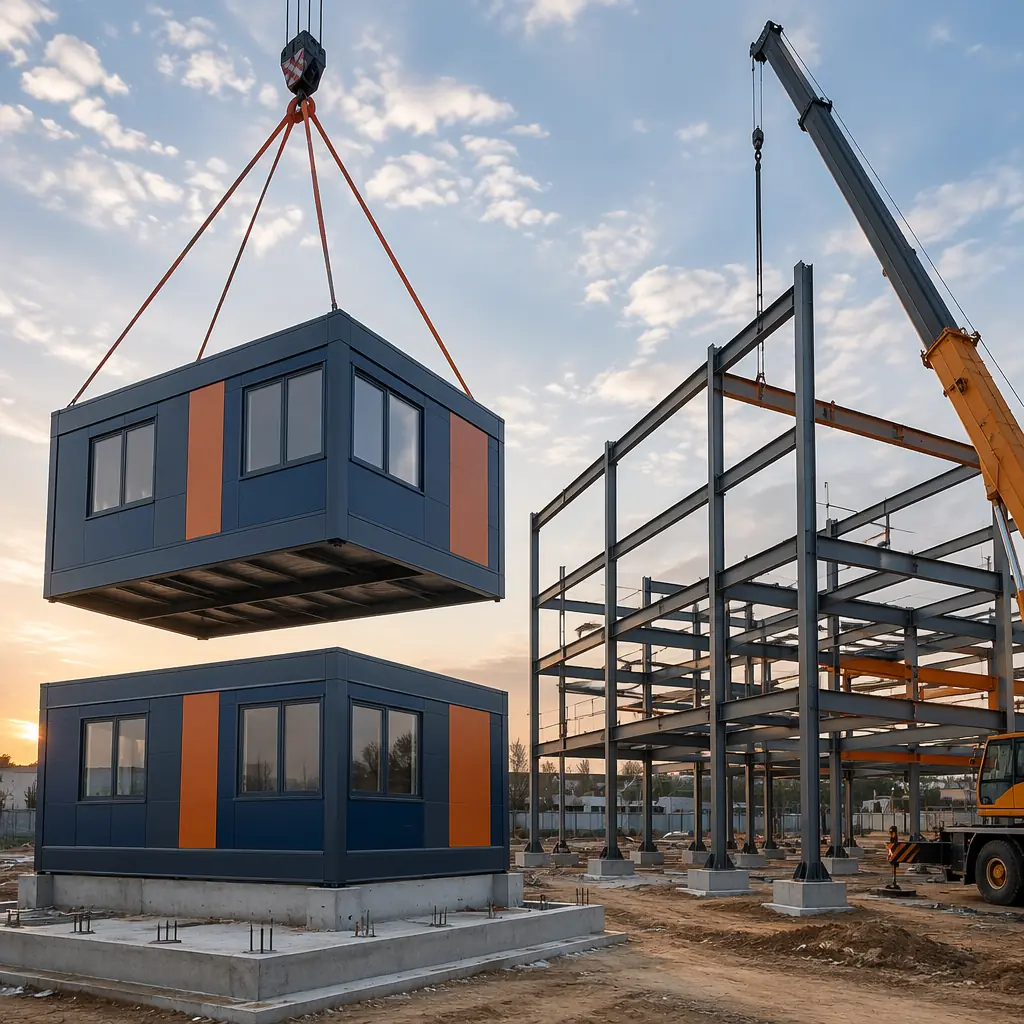 Side-by-side comparison of modular prefabricated construction and conventional steel frame construction on commercial building sites, completed modular unit with clean geometric facade being craned into position on left, conventional steel frame structure with columns and beams being erected on right, both steel construction methods visible, modern architecture, dark navy and warm steel orange accent details on modular building