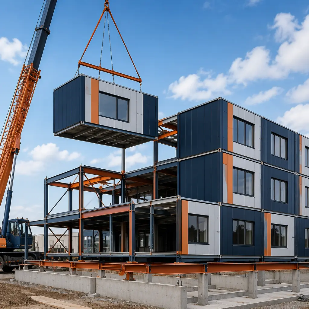 Steel-frame modular building under construction, crane lifting prefabricated module with visible steel structural frame onto foundation, factory-assembled modules with clean geometric facade lines, modern commercial building, module seams visible, deep navy and warm steel orange accents