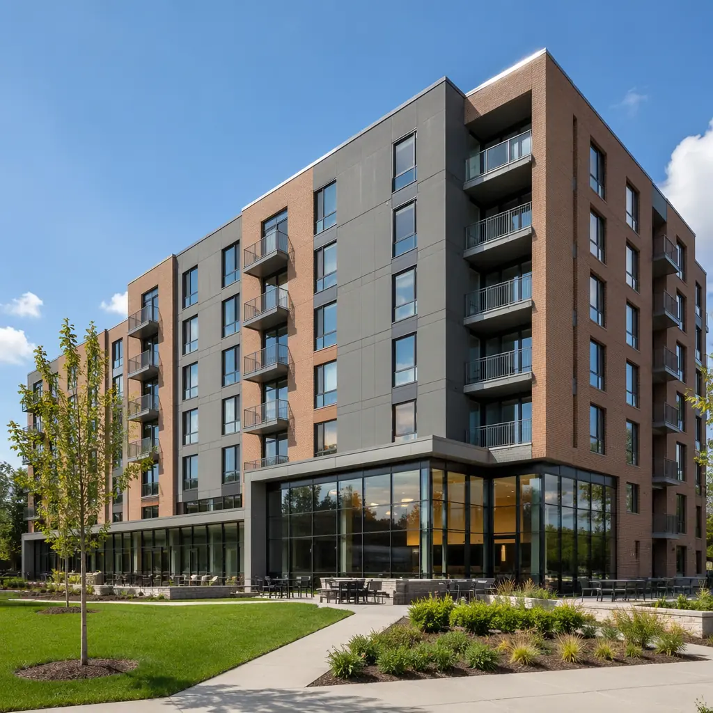 Modern modular student housing building with clean facade and integrated common areas on a university campus