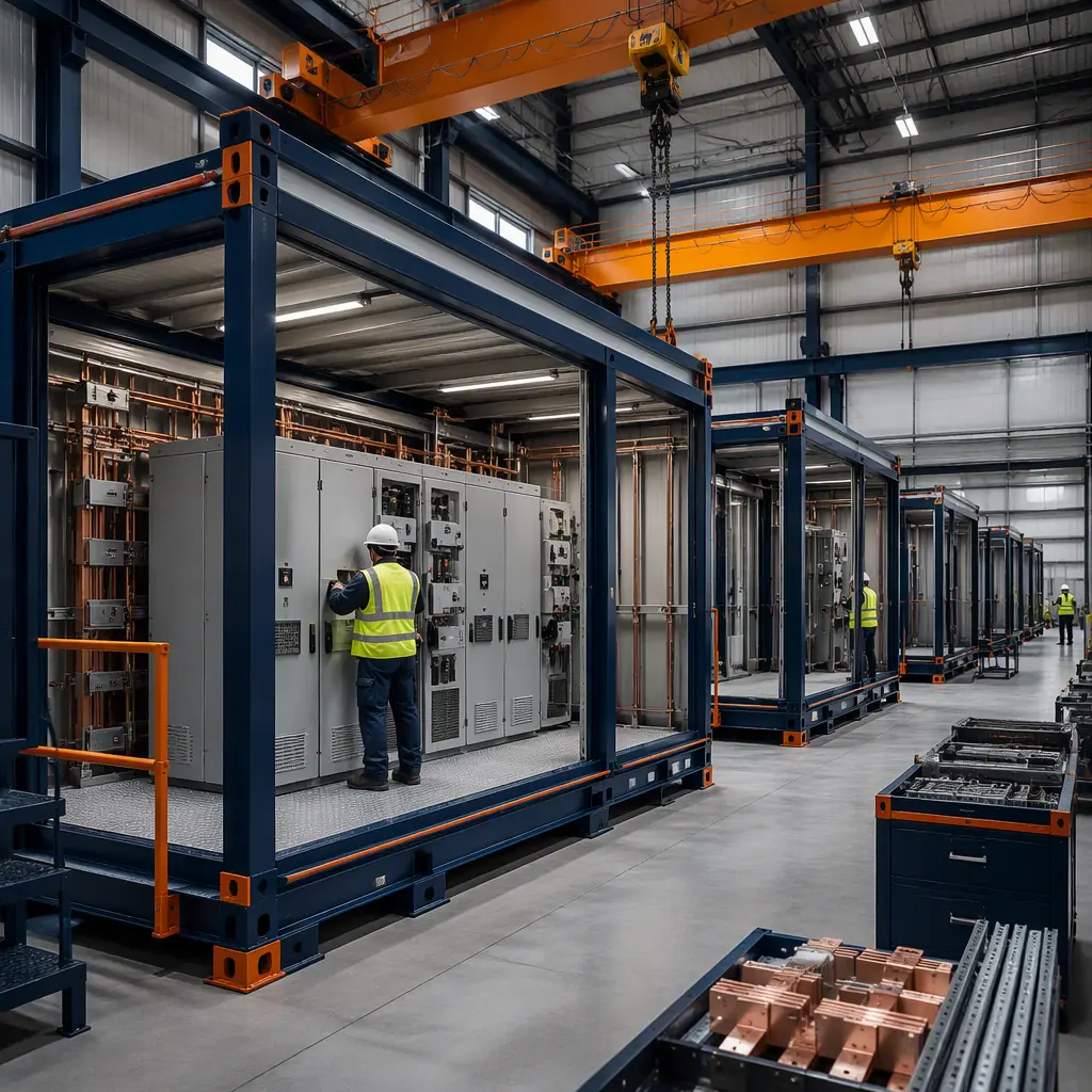 Factory floor of a modular construction facility, large steel-framed electrical building modules under assembly with medium-voltage cabinets and cable trays being installed, overhead crane above, workers in safety vests, clean bright industrial environment with navy steel frames