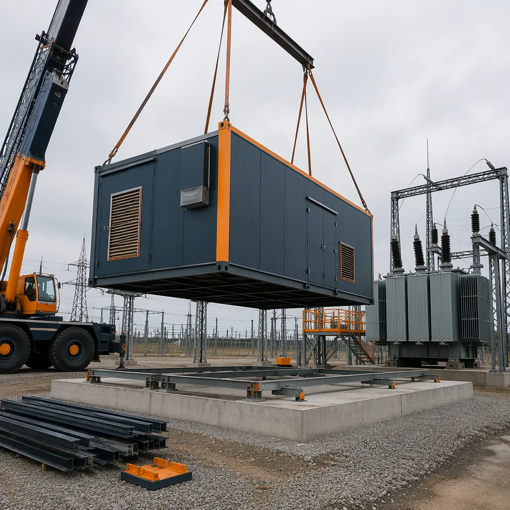 Crane lifting a prefabricated steel-frame electrical building module onto a concrete foundation at a substation construction site, module with weatherproof cladding and pre-installed electrical equipment, power transformers and steel lattice structures in the background, navy steel accents with orange details
