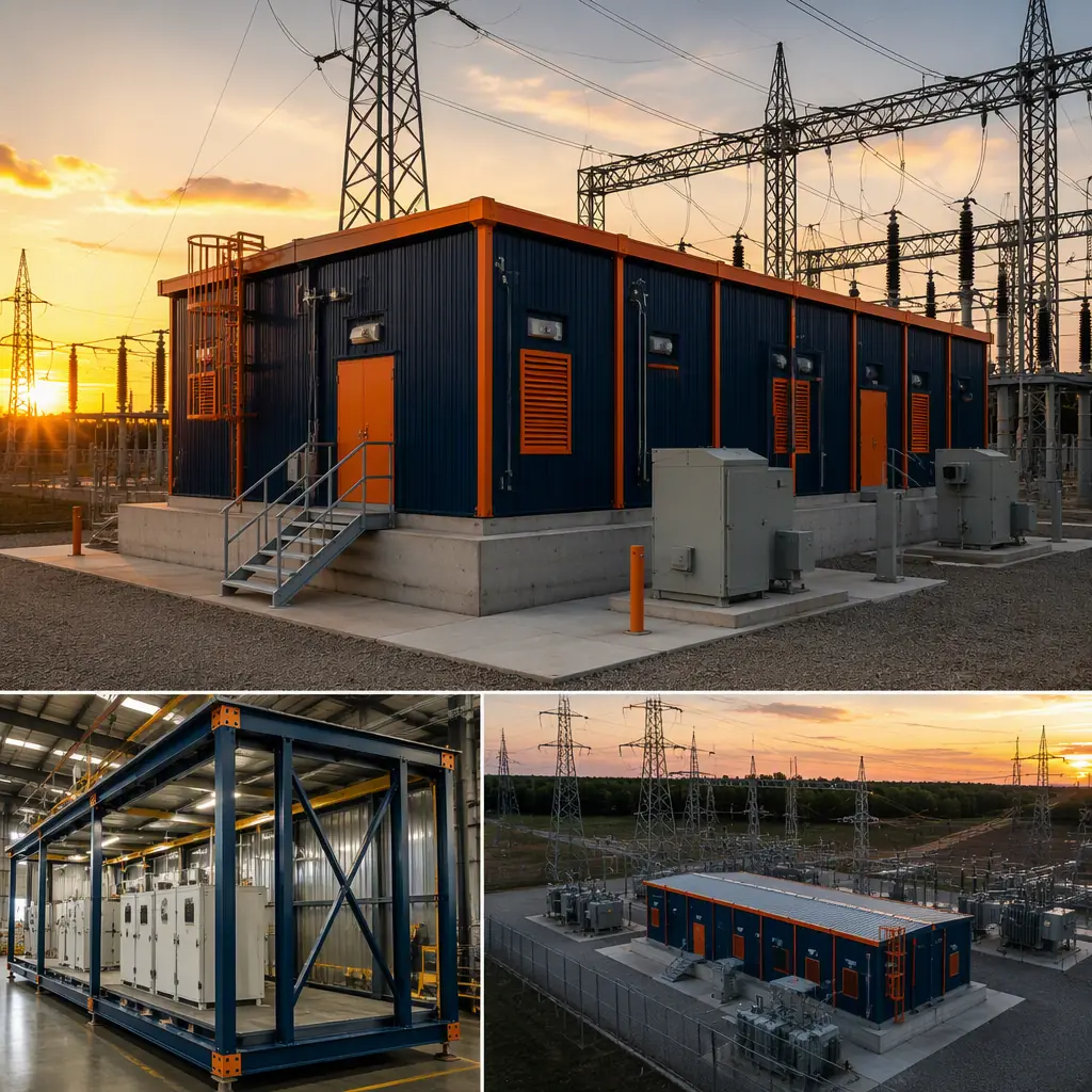 Completed modular substation building at an energized utility site, prefabricated steel-frame electrical building with weatherproof cladding, high-voltage transmission lines and lattice steel towers behind it, fenced gravel yard with transformers, dusk lighting, navy and orange building accents