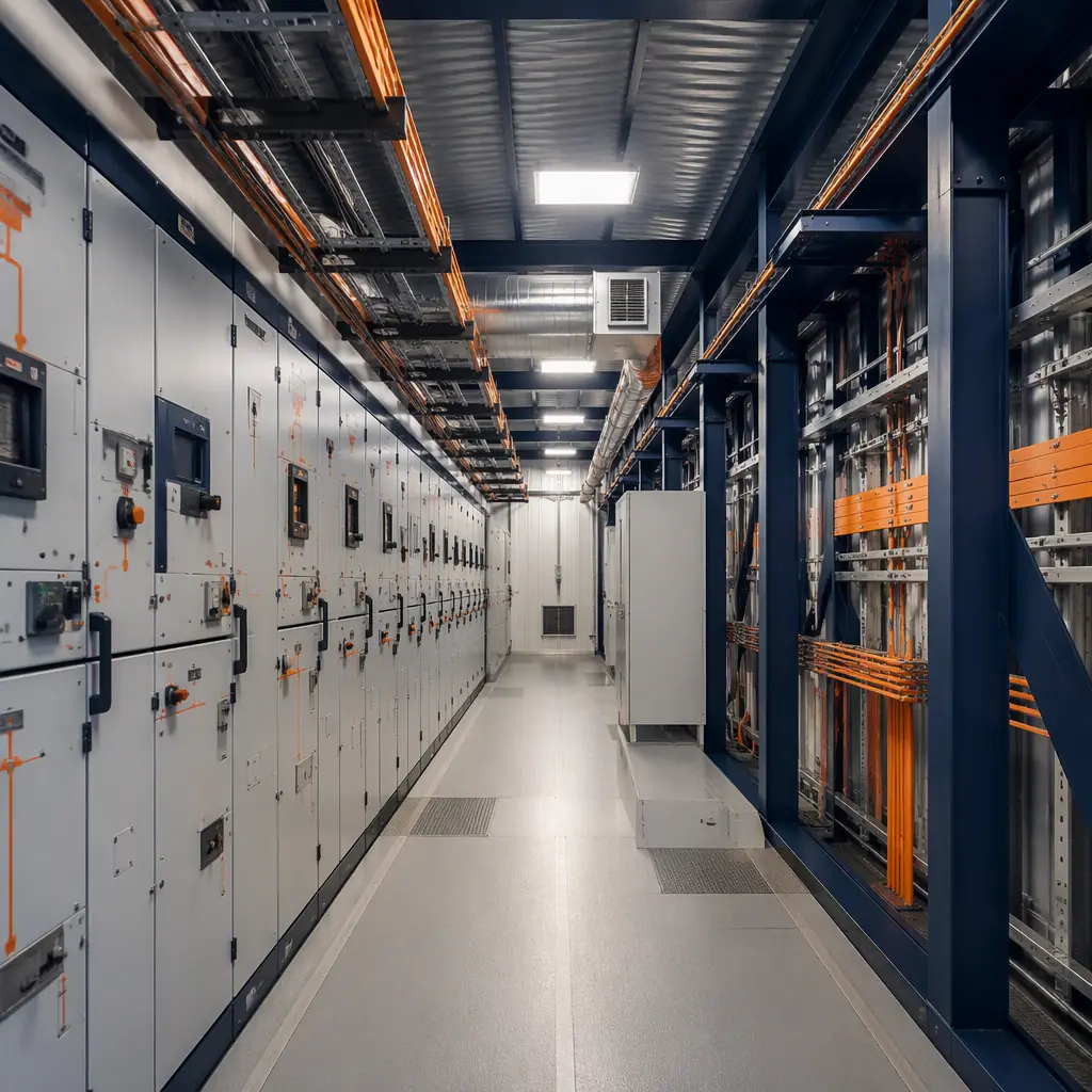 Interior of a prefabricated switchgear building, rows of medium-voltage electrical cabinets with bus bars and cable trays, factory-installed lighting and HVAC ducting overhead, clean organized electrical room with navy and orange equipment accents, professional industrial photography