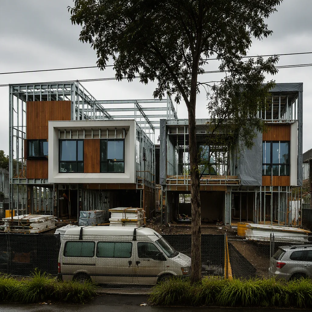 Hybrid modular construction site showing volumetric bathroom pods being craned into position alongside panelized wall assemblies